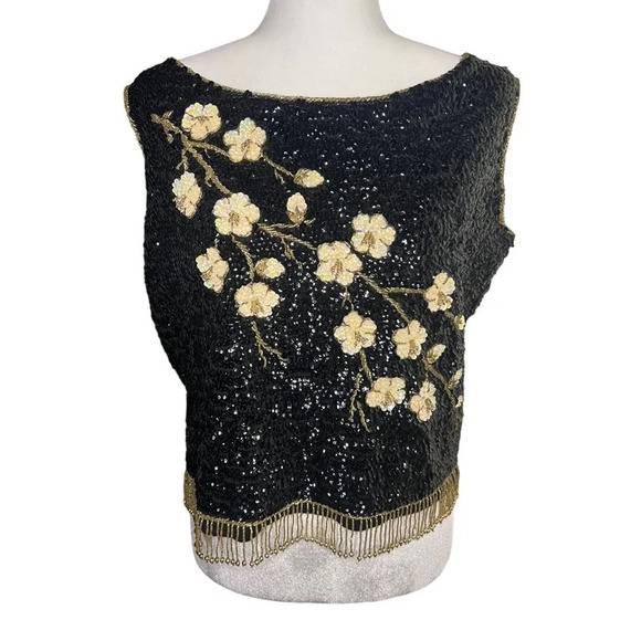 Vintage 1950’s Handbeaded Sequins Top 3D Florals - Picture 1 of 7